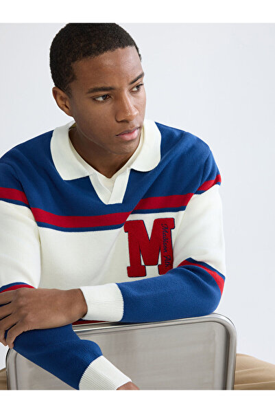 LC Waikiki Meral Collection Ecru Polo Collar Embroidered Men's Knitwear Sweater