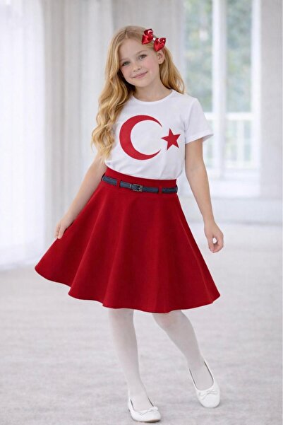 Dıgıl Kids طقم بناتي تنورة واسعة وتي شيرت بعلم أتاتورك من الليكرا باللونين ال...