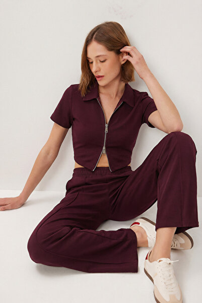 Lovelyİstanbul Zippered Crop Modal Top and Bottom Set Lby0047 Mürdüm