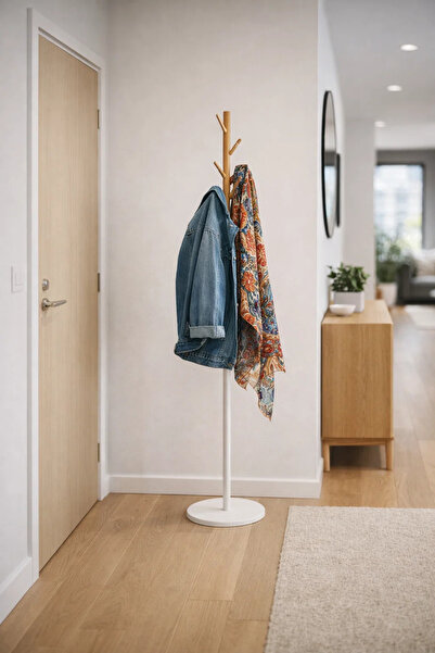 MARIA HOMES Modern Two Tone White and Wood Coat Hanger Stand for Hallway Livi...