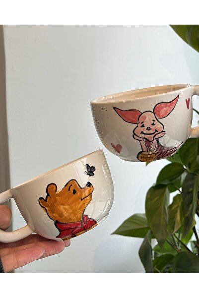 visera Winnie The Pooh & Piglet Çizimli El Yapımı Seramik Kupa Seti
