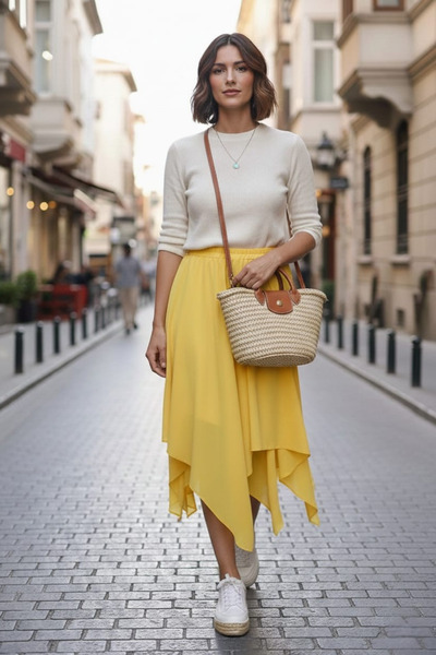 MAKSEN TEKSTİL Women's Asymmetrical Banana Crepe Double Layer Comfortable Fit...