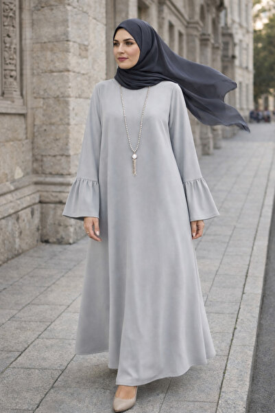 me like home Sis Gri Fırfır Kol Detaylı Medine İpeği Elbise