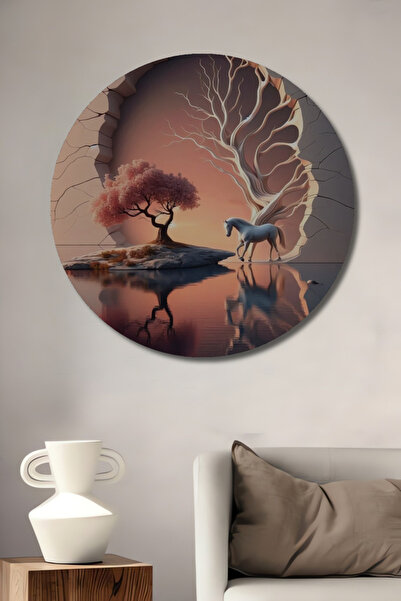 Teona Ahşap Umut Vahşi Atın Yankısı Ahşap Dekoratif Tablo Yuvarlak Duvar Tabl...