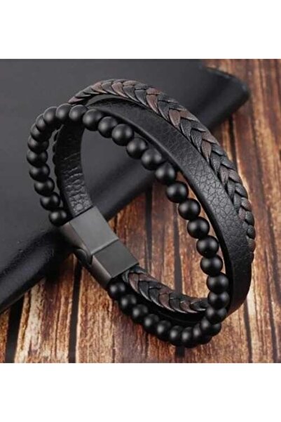 OutfitModa Brățară neagră din piele naturală și mărgele