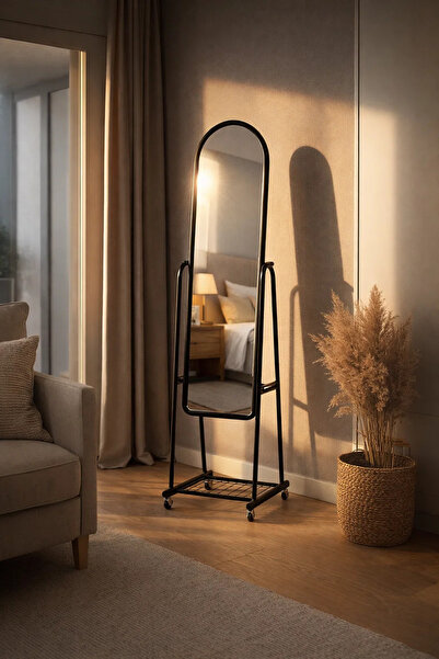 MARIA HOMES Modern Black Arched Full Length Standing Mirror with Wheels and S...