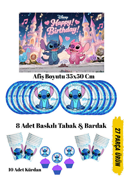 HAPPYLOOPPARTY Stitch Lilo Stiç Angel Baby Temalı Doğum Günü Tabak , Bardak ,...