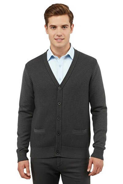 Çizgi Triko Мъжки кардиган с копчета и джобове, стоманена плетка, класически ...