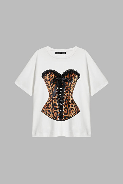 CİNEMA MODA Leopard Corset Printed Relaxed Fit White Women's Tshirt