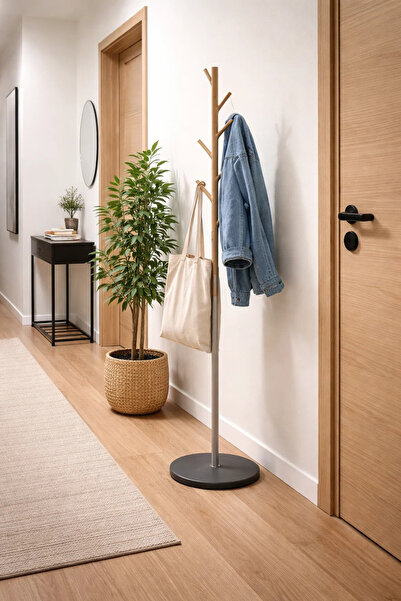 MARIA HOMES Minimalist Nordic Style Wooden and Metal Coat Rack Stand Floor Ha...