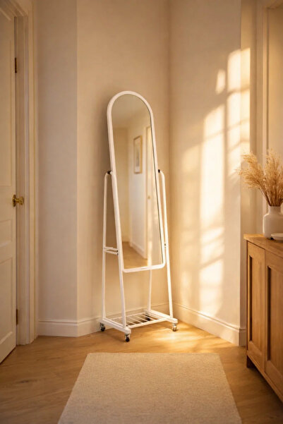 MARIA HOMES White Full Length Standing Mirror with Wheels and Shelf Adjustabl...