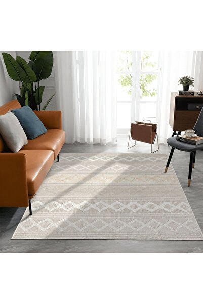 Artenova Covor bej cu model geometric, WARD, 100x200 cm, poliester, antiderapant