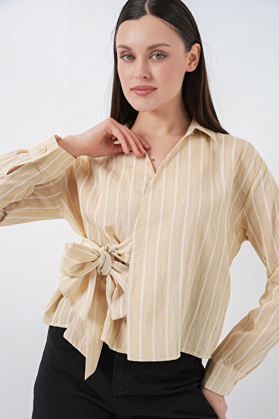 Bigdart Women's Tie-Front Striped Shirt 20362 - Beige