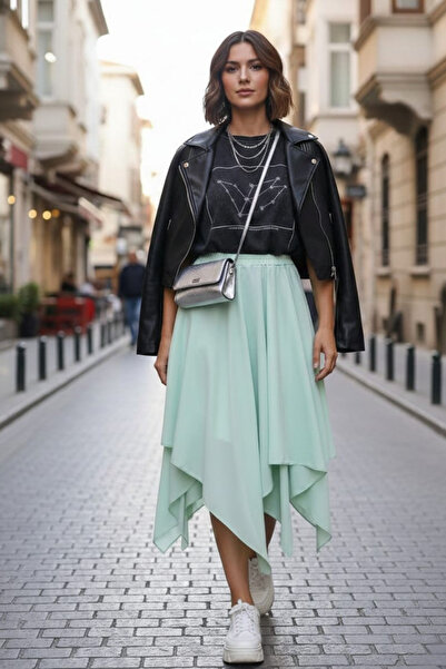 MAKSEN TEKSTİL Women's Asymmetrical Banana Crepe Double Layer Comfortable Fit...