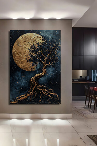Teona Ahşap Altın Ağaç Ay Işığında Soyut Sanat su Ahşap Dekoratif Tablo Duvar...