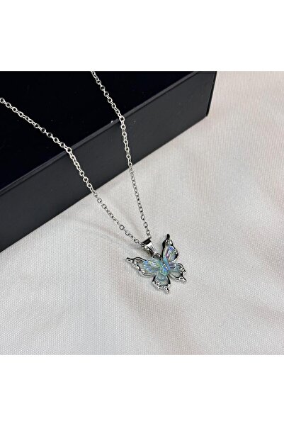 lunesa Opal Kelebek Figürlü Paslanmaz Çelik Kadın Kolye - Kararma Yapmaz 45 Cm