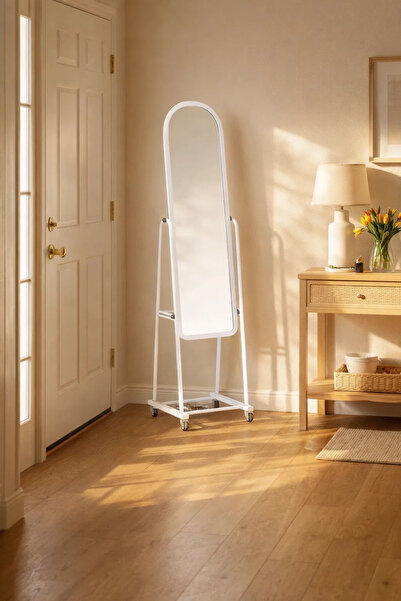 MARIA HOMES Modern White Standing Floor Mirror on Wheels Adjustable Angle wit...