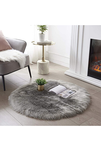 Artenova Covor pufos rotund, dormitor - living, culoare gri, 90x90cm