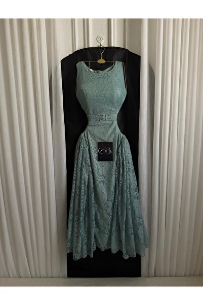 Cutie Floral lace midi evening dress with a studded waist belt - available in...