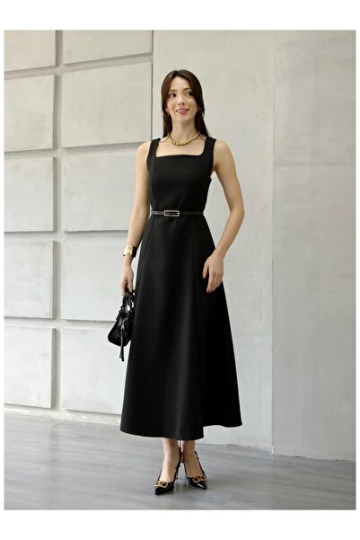 Coral Önü Dikişli Kalın Askılı Kemerli Elbise 7329 Siyah