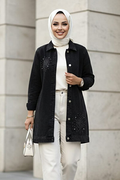 Hb Harma Time Butik Women's Stone Embellished Buttoned Black Denim Jacket