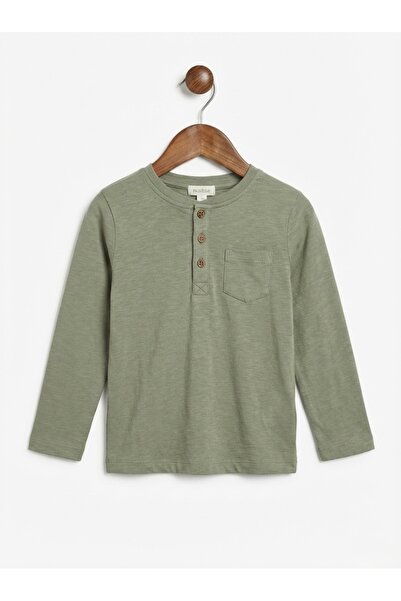 NO NAME Çocuk Haki Cepli Henley Yaka Mevsimlik Uzun Kollu Tişört