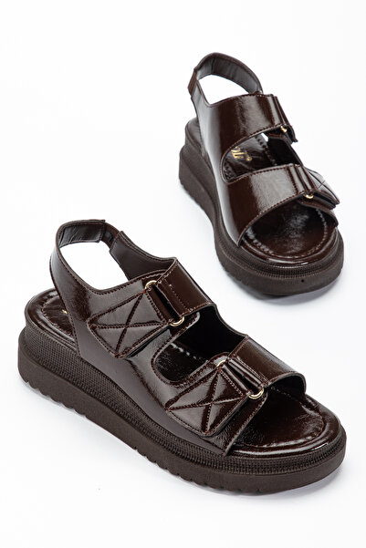 RİSSOLİ Women's Bitter Brown Crinkled Patent Leather Double-Strapped Wedge He...