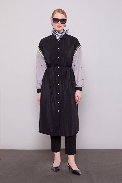 Levidor Black - Gray Trench Coat with Sleeve Embroidery Detail