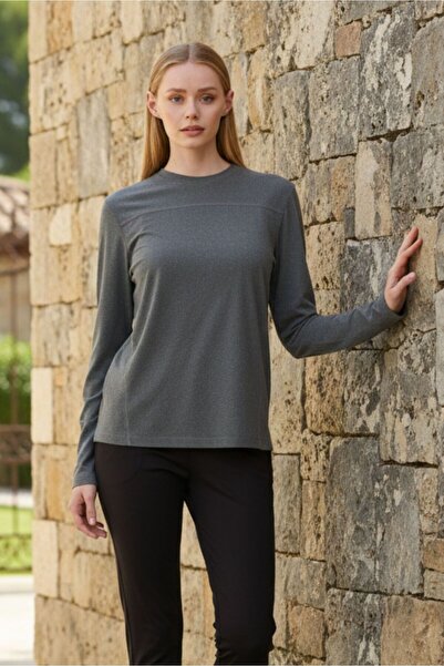 KNUP Top sport cu mânecă lungă pentru femei, gri/antracit, cu guler tip crewneck