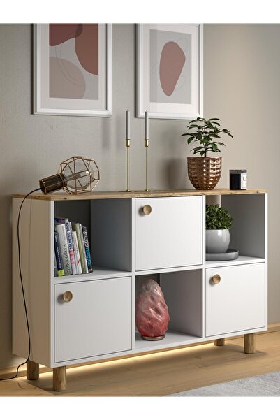 Wood'n Love Nora Bohem Ledli Konsol - Çok Amaçlı Dolap 3 Kapak 3 Bölme - Atla...