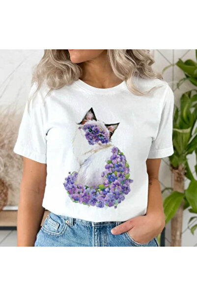 Kartier Tricou Dama Alb Royal Cat in Violets