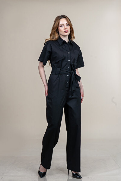 MissVina Trend Short Sleeve Belted Pocketed Jumpsuit 9535