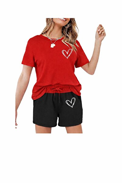 zeag طقم تي شيرت نسائي قصير مطبوع عليه قلب صغير