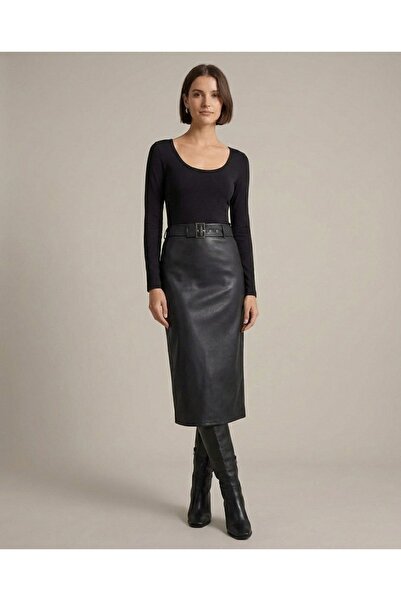 Grenj Fashion Black Plain Belted Bodycon Midi Faux Leather Knitted Dress