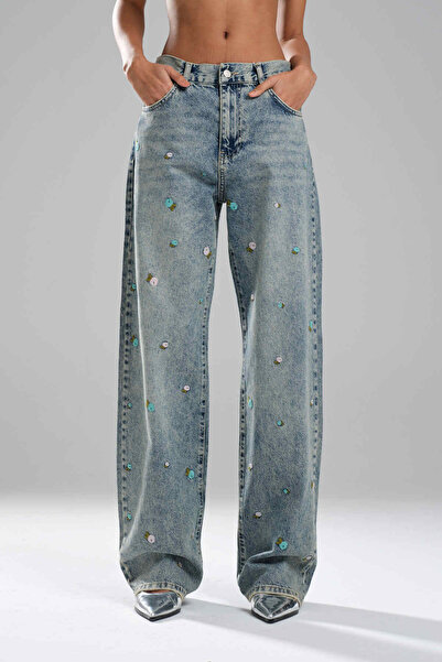 tw3 Жіночі джинси широкої форми білого кольору з квітковою вишивкою