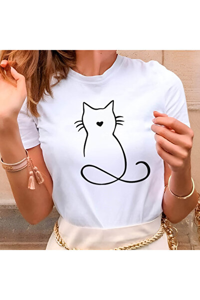 Kartier Tricou Dama Alb Drawing Cat