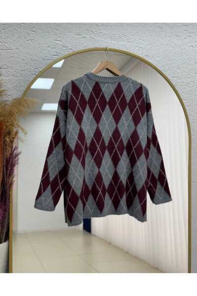 BULGUN BUTİK Adriana Baklava Desen Triko Kazak-Zİ5581 Bordo