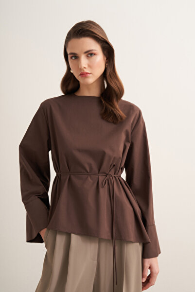 Moca Anelis Asimetrik Kuşaklı Poplin Bluz Kahve