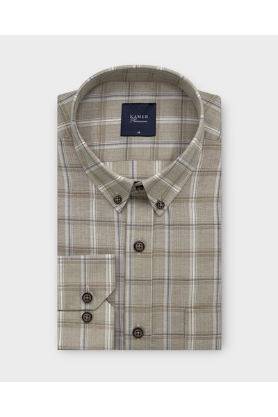 KAMER Men's Regular Fit Long Sleeve Buttoned Collar Double Pocket Plaid Beige...