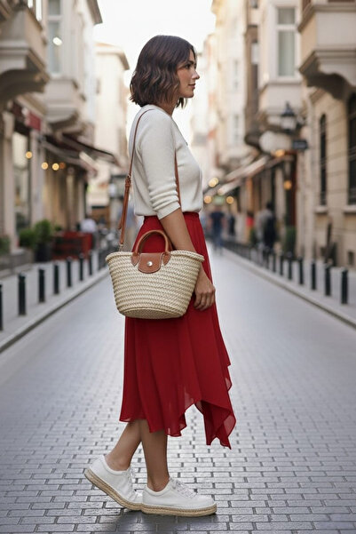 BNZ TEKSTİL Women's Asymmetrical Banana Crepe Double Layer Comfortable Fit Sk...