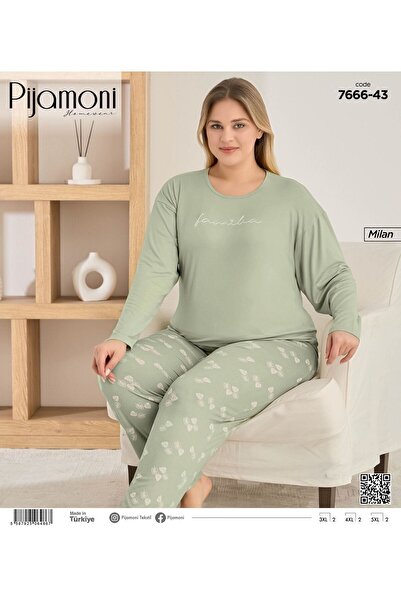 Pijamoni Milan Kumaş Büyük Beden Uzun kollu Bisiklet Yaka Pijama Takımı