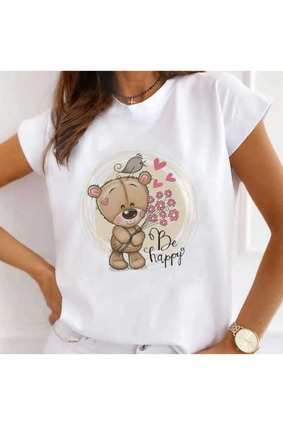 Kartier Women's White Happy Bear T-Shirt