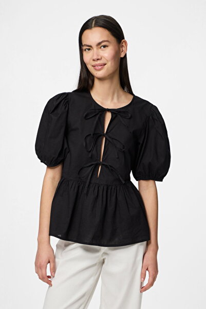 PIECES Bluză de damă din bumbac organic cu detalii, decolteu rotund, croială ...