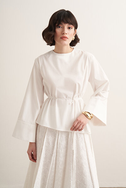 Moca Anelis Asimetrik Kuşaklı Poplin Bluz Beyaz