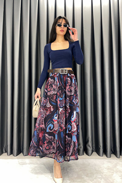 Mistix تنورة شيفون بخصر مطاطي - أزرق داكن