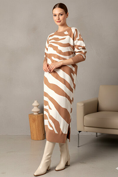 Kirazgym Women's Zebra Pattern Slit Detailed Knitwear Dress - Tan
