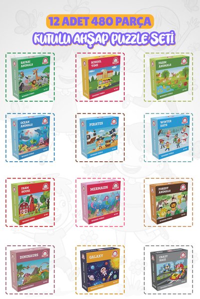 Hopiers Montessori Wooden Puzzle Set of 12 – 480 Pieces – 12 Themes – Ages 3+