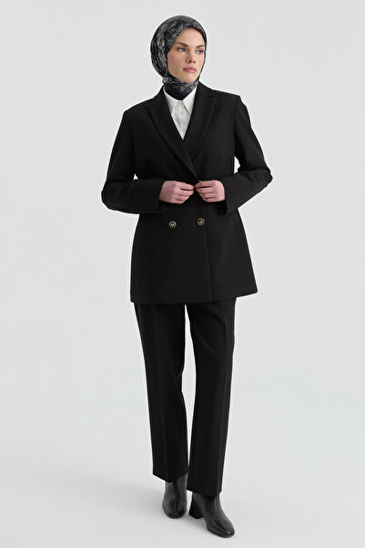 Tuğba Gold Düğme Detaylı Ceket Pantolon Takım - Siyah