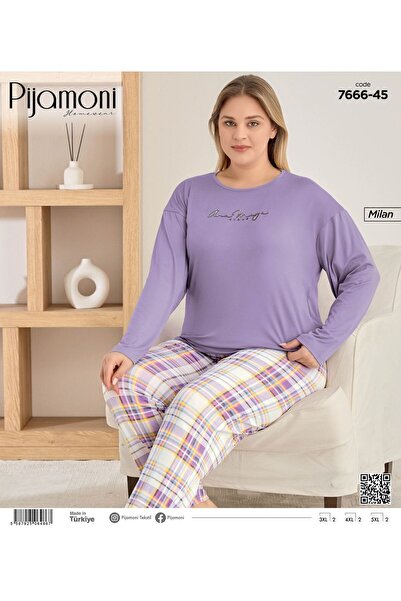 Pijamoni Milan Kumaş Büyük Beden Uzun kollu Bisiklet Yaka Pijama Takımı