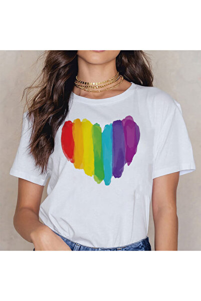 Kartier Women's White Rainbow Heart T-Shirt